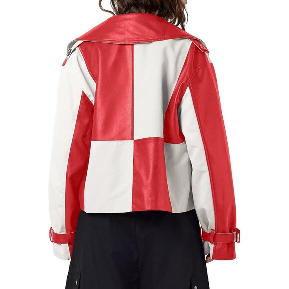 Womens Red Tankaneo Leather Cropped Jacket Oversized Color Block Motorcycle - Picture 5 of 6